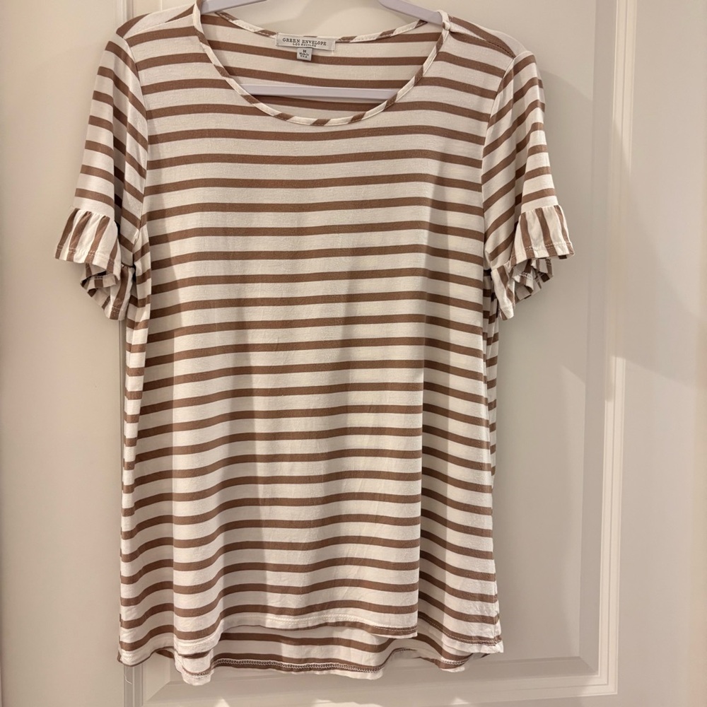 Green Envelope Striped Ruffle Sleeve Top